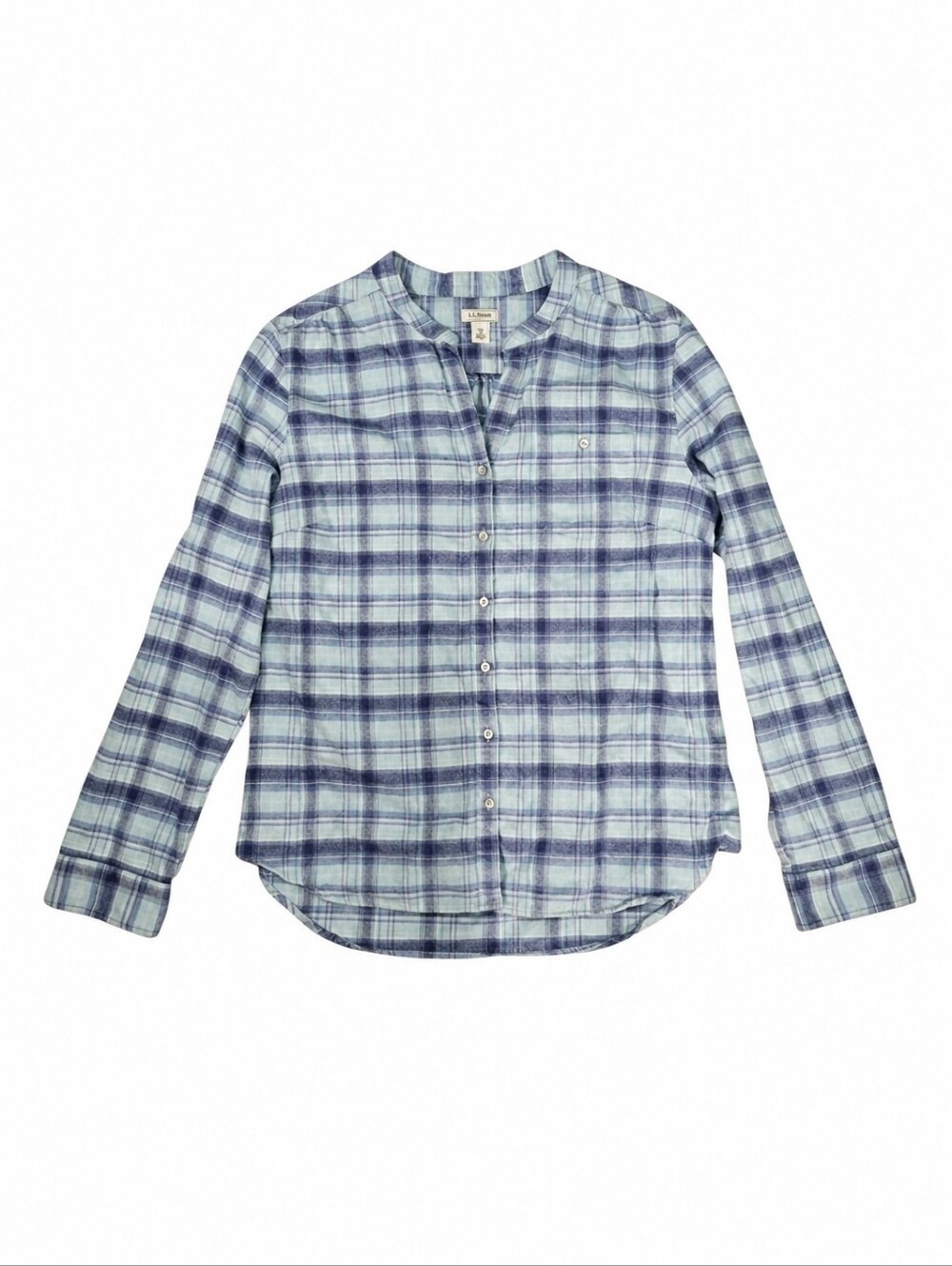 L.L. Bean Blue Plaid Collarless Shirt Women's Size Medium